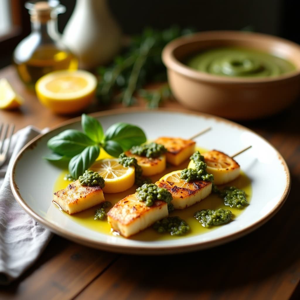 Brochetas de lubina dorada y jugosa con rodajas de limón asado, servidas sobre un plato blanco rústico con pesto de alcachofas cremoso y verde. Decoradas con hojas de albahaca fresca y un chorrito de aceite de oliva, fondo de mesa de madera con velas y utensilios de cocina mediterránea.