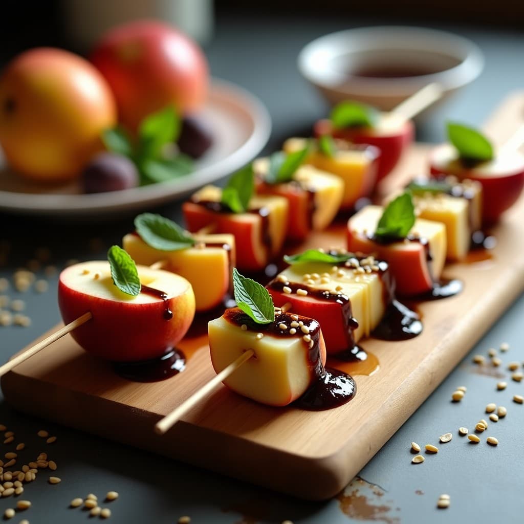 Brochetas elegantes de manzana Fuji y queso brie bañadas en mermelada de higos negros con semillas de sésamo, decoradas con hojas de menta y un hilo de vinagre balsámico sobre una bandeja de madera rústica.