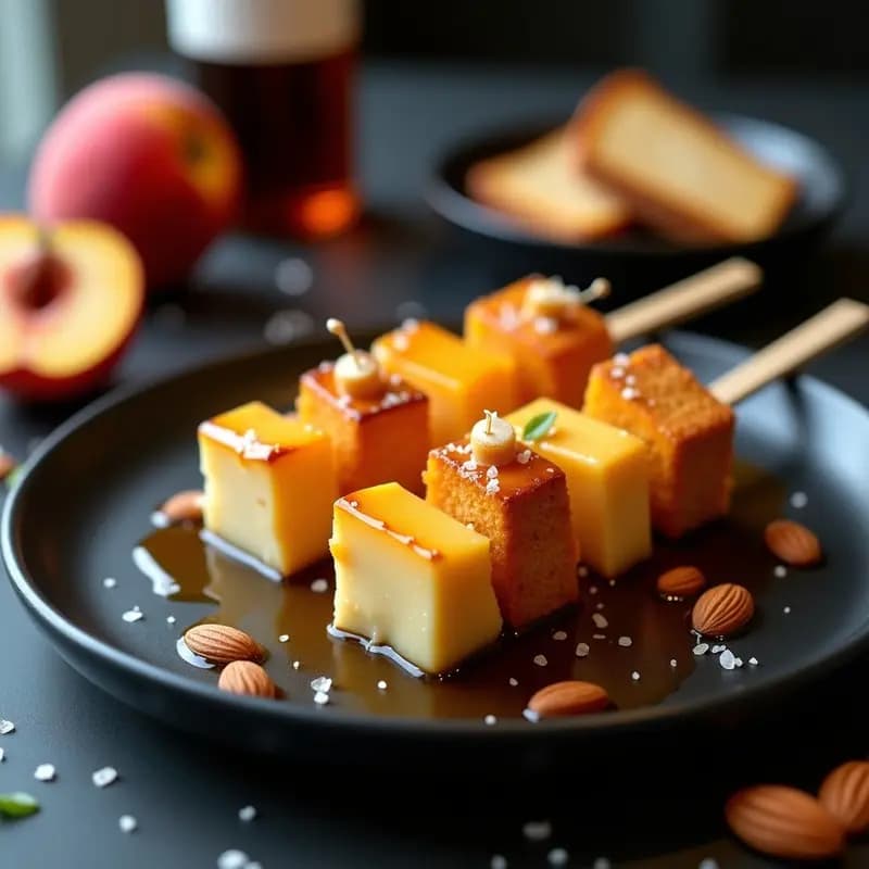 Brochetas de melocotón dorado y foie gras cremoso con reducción de oporto brillante, servidas sobre plato negro con almendras fileteadas y pan brioche tostado. Postre salado francés elegante y viral.