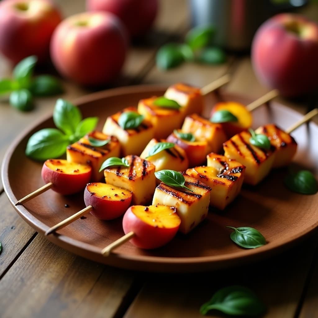 Brochetas doradas de melocotón y mozzarella ahumada en airfryer, con glaseado brillante de miel de trufa y hojas de albahaca fresca, servidas sobre un plato de madera rústico.