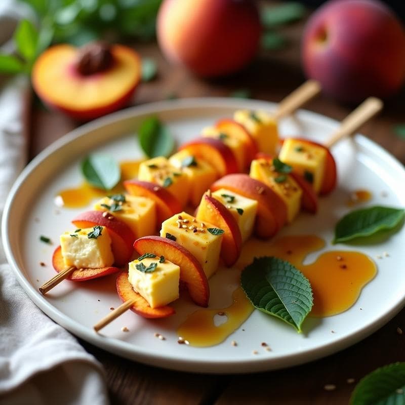 Brochetas doradas de melocotón en almíbar y queso feta gratinado en palillos de madera, bañadas en miel de tomillo brillante, con hojitas de tomillo fresco y pimienta negra espolvoreada, servidas sobre un plato blanco rústico con fondo borroso de cocina.