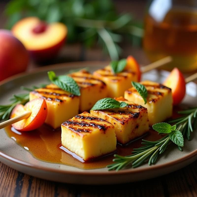 Brochetas doradas de queso halloumi y melocotón a la parrilla, bañadas en reducción brillante de miel y romero, servidas en plato de barro con hojas de menta fresca y ramitas de romero como decoración.