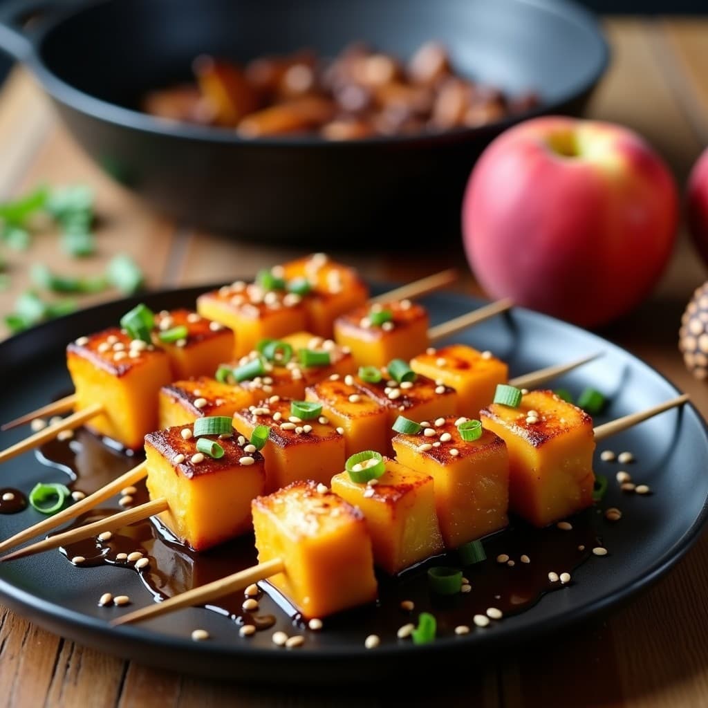 Brochetas de Melocotón y Tofu Marinado con Salsa de Soja Reducida: Receta Vegana a la Plancha