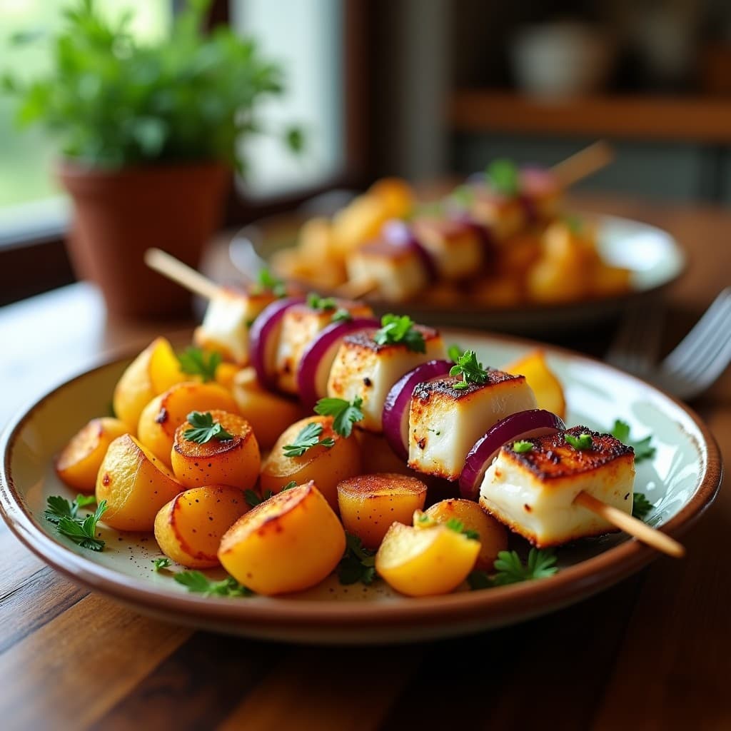 Brochetas de merluza marinada en limón y hierbas con patatas panaderas doradas, servidas en un plato de barro rústico. Las brochetas muestran trozos de merluza jugosa alternados con cebolla morada, acompañadas de patatas crujientes con pimentón y perejil fresco espolvoreado. Receta española en airfryer, saludable y llena de sabor.