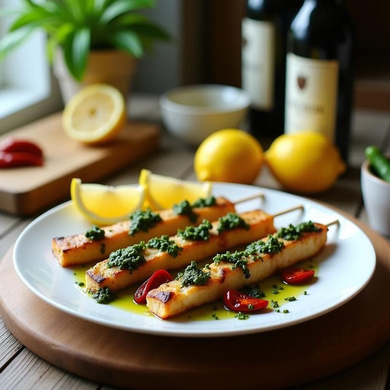 Brochetas de merluza doradas en airfryer con pesto verde de algas y rodajas de limón, servidas en plato blanco con fondo rústico. Receta española keto.