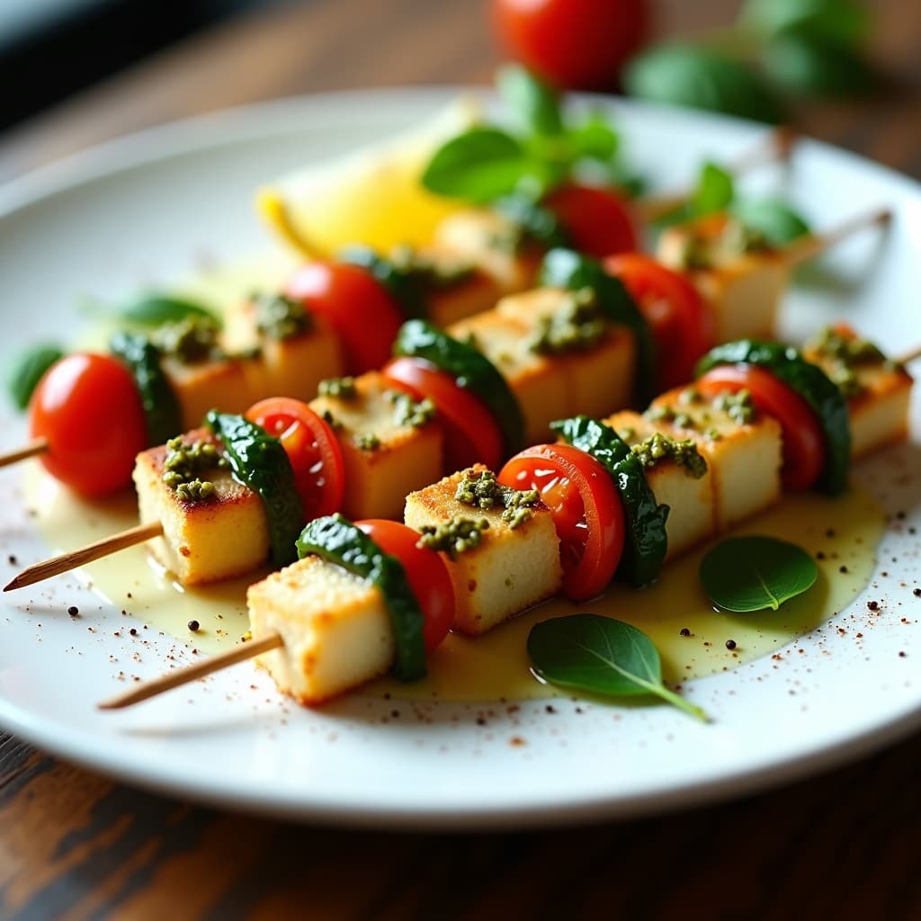 Brochetas de merluza doradas en airfryer con pesto de pistacho verde vibrante, tomates cherry asados y espinacas baby, servidas en plato blanco con hilo de aceite de oliva.