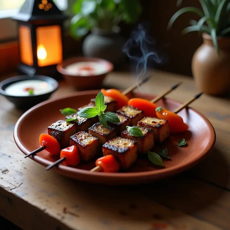 Brochetas morunas de cordero con berenjena y pimientos asados en barbacoa, con toque ahumado y decoradas con menta fresca, servidas en plato de barro rústico.