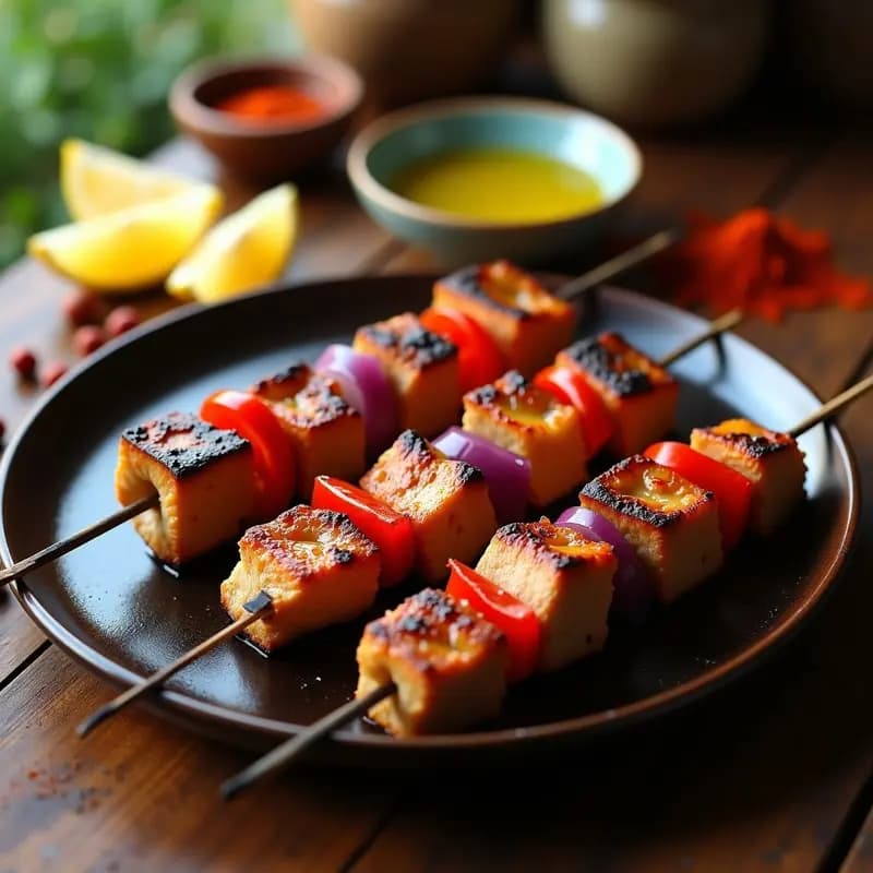 Brochetas morunas de pollo doradas en parrilla, con trozos de cebolla morada y pimiento rojo asado, espolvoreadas con pimentón y comino, sobre un plato de barro rústico con ramitas de cilantro fresco. Receta norteafricana alta en proteína.