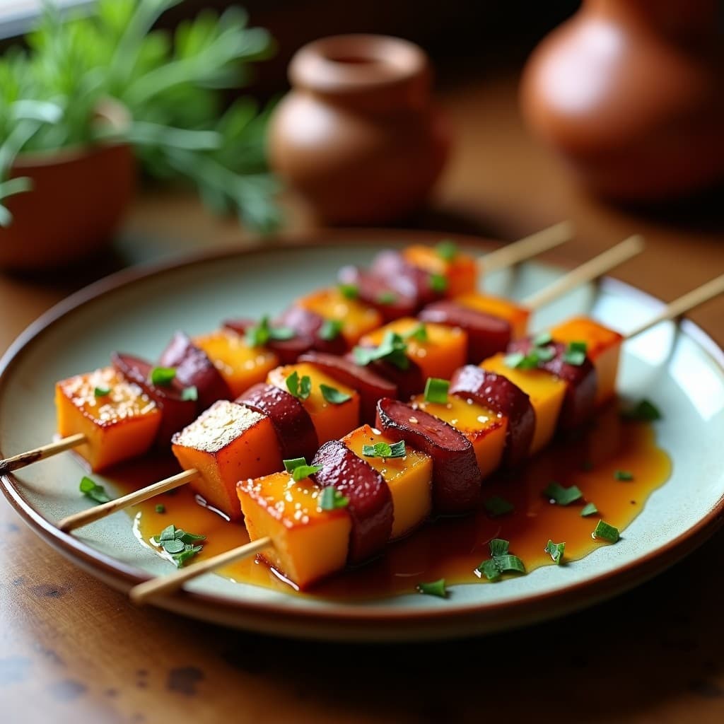 Brochetas doradas de ñame morado y chorizo vegano en palillos de madera, brillantes por el glaseado de miel de agave y pimentón, con semillas de sésamo tostadas espolvoreadas. Plato rústico de fondo con toques de especias españolas.