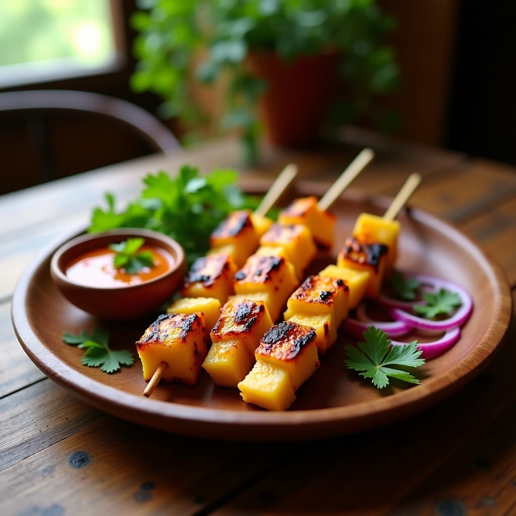 Brochetas de corazón de palmito y ananá doradas al grill, servidas en plato de madera rústico con salsa de ají charapita en un bol pequeño al lado, cebolla morada en juliana y hojas de cilantro fresco. Receta amazónica vegana con contrastes de colores y texturas.