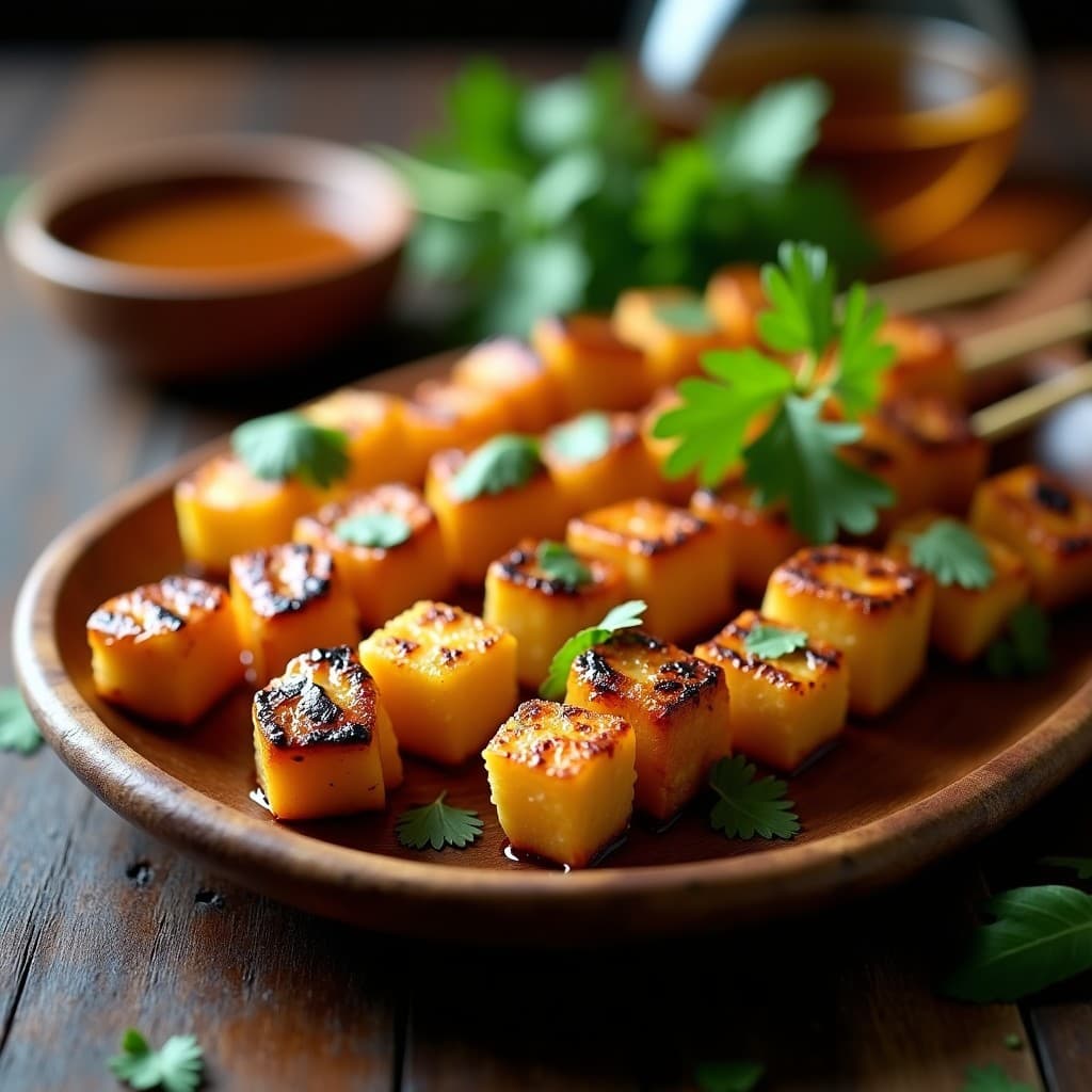 Brochetas doradas de corazón de palmito y queso halloumi keto con glaseado brillante de miel de dátil, decoradas con hojas de cilantro fresco sobre un plato de madera rústica. Aperitivo brasileño bajo en carbohidratos.