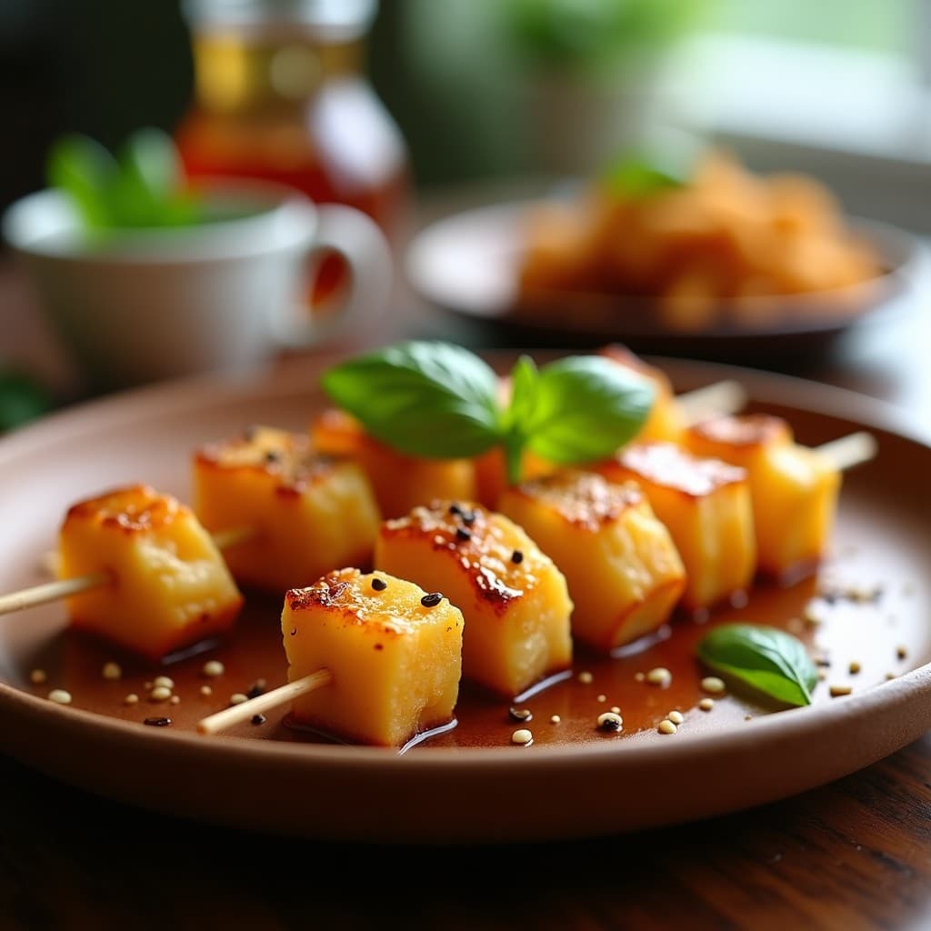 Brochetas doradas de corazones de palmito y queso de cabra asadas en Airfryer, bañadas en miel de jabuticaba brillante, con semillas de sésamo y hojas de albahaca fresca, sobre un plato de madera rústico con fondo borroso de cocina moderna.