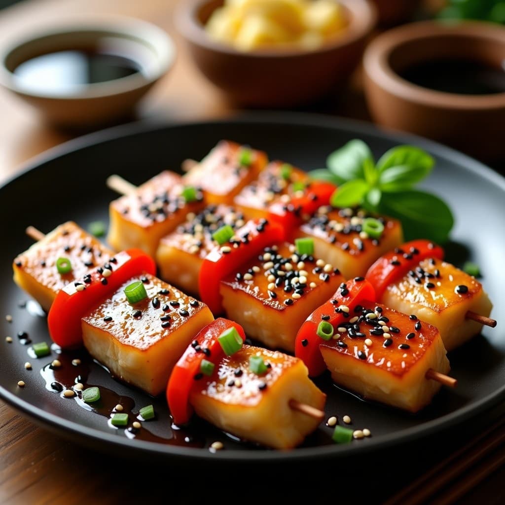 Brochetas de pescado blanco doradas en airfryer, con trozos de pimiento rojo y cubiertas de semillas de sésamo negro y blanco, sobre un plato de cerámica oscura con decoración de cebollino fresco y salsa de soja al lado. Receta japonesa de brochetas de pescado con marinada de miso y sésamo.