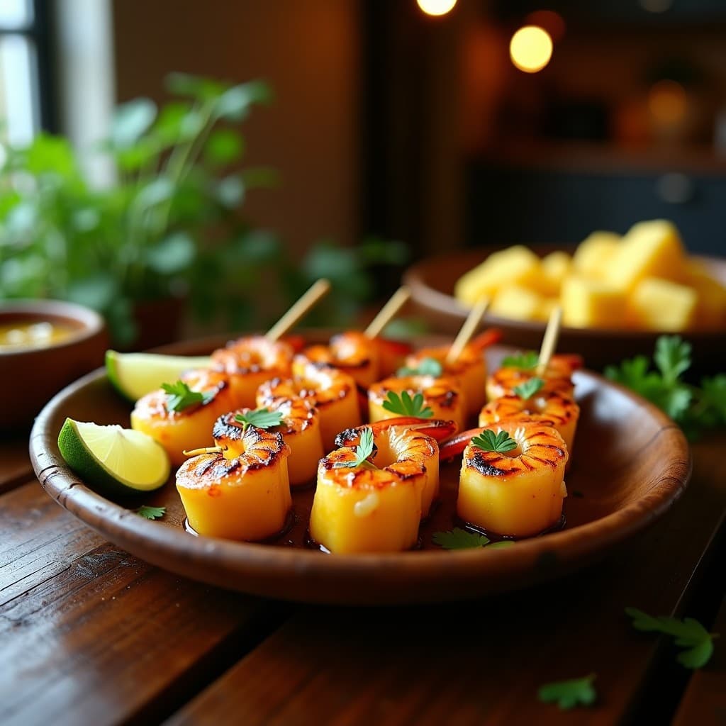 Brochetas doradas de piña caramelizada y camarones glaseados con miel de agave, servidas en plato de madera con cilantro fresco y rodajas de limón verde. Receta brasileña en airfryer.