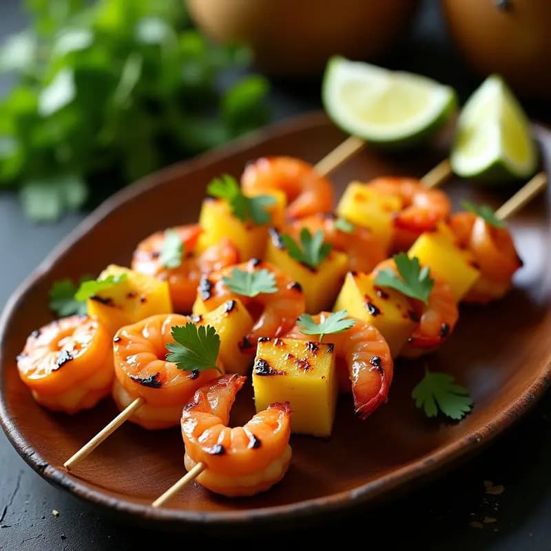 Brochetas de piña dorada y camarones brillantes glaseados con miel y lima, servidas en plato de cerámica negra con cilantro fresco y rodajas de lima de fondo, estilo tailandés dulce-salado.