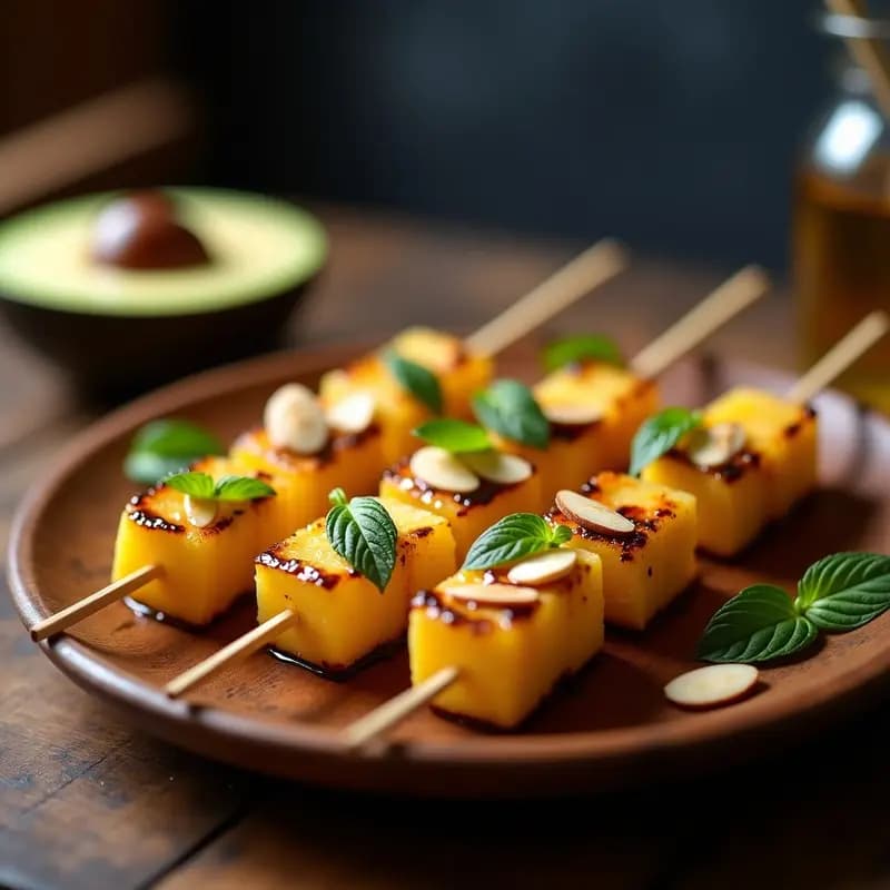 Brochetas de piña dorada y camembert gratinado en grill francés, glaseadas con miel de romero y balsámico, decoradas con almendras fileteadas y hojas de menta sobre un plato de madera rústico.