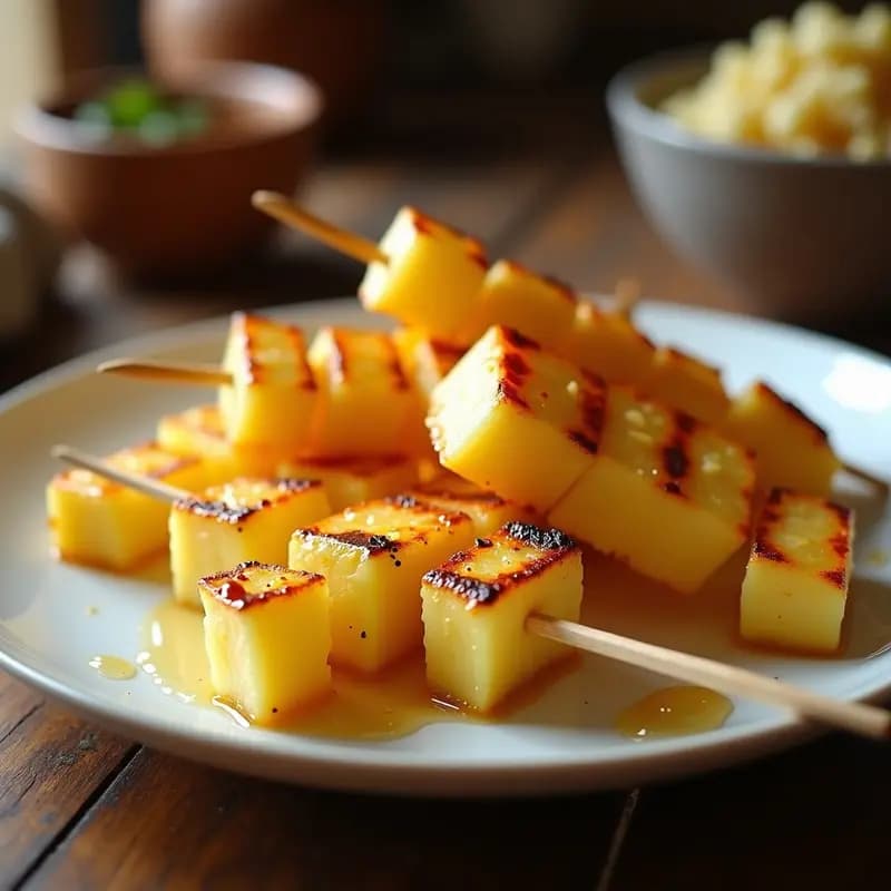 Brochetas de piña dorada y queso camembert gratinado en palillos de madera, bañadas en miel de agave brillante, servidas en plato blanco rústico con fondo de grill humeante.