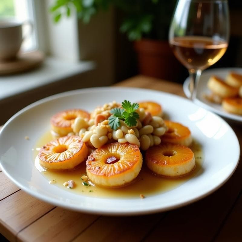Brochetas de bacalao dorado y piña caramelizada en palillos de madera, servidas en plato blanco con semillas de sésamo espolvoreadas. Receta fusion de piña caramelizada y bacalao al miso en Thermomix.