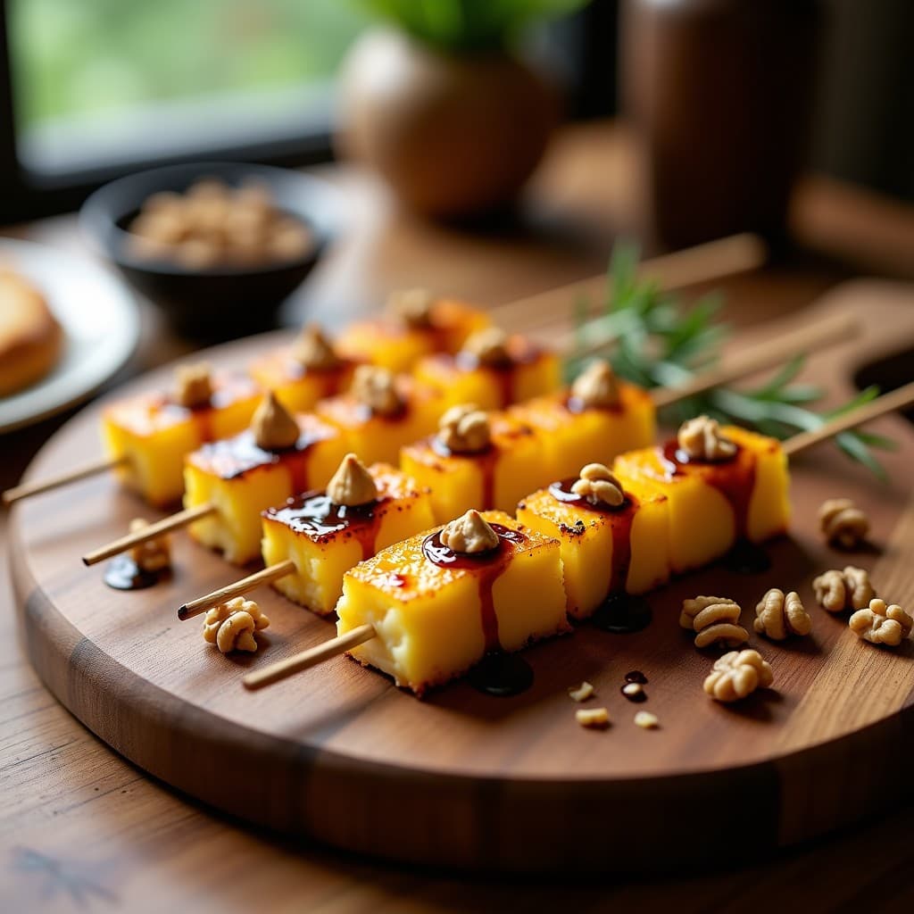 Brochetas de piña caramelizada dorada y queso brie gratinado en grill, servidas en fuente de madera con reduction de balsámico brillante y nueces picadas, aperitivo francés elegante.