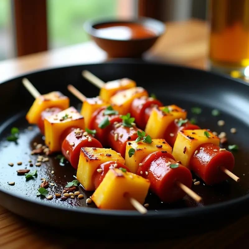 Brochetas doradas de piña caramelizada y chorizo ibérico asado, brillantes por el glaseado de miel y wasabi, servidas en tabla de madera rústica con perejil fresco y rodajas de limón. Receta fusion picante-dulce instagrameable.