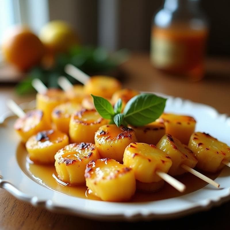 Brochetas de piña dorada y queso halloumi crujiente en palillos de madera, glaseadas con miel de dátil, servidas en un plato blanco rústico con un fondo de madera clara y un chorrito de miel extra.