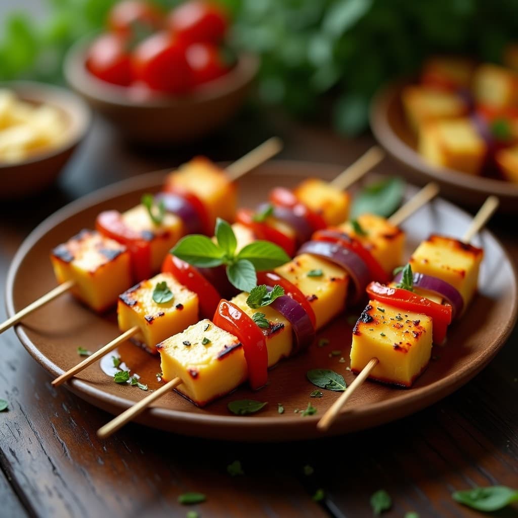 Brochetas de piña dorada y halloumi crujiente a la parrilla, con trozos de pimiento rojo y cebolla morada, dispuestas en un plato de madera rústico con hierbas provenzales y miel goteando. Receta vegetariana con toque chipriota.