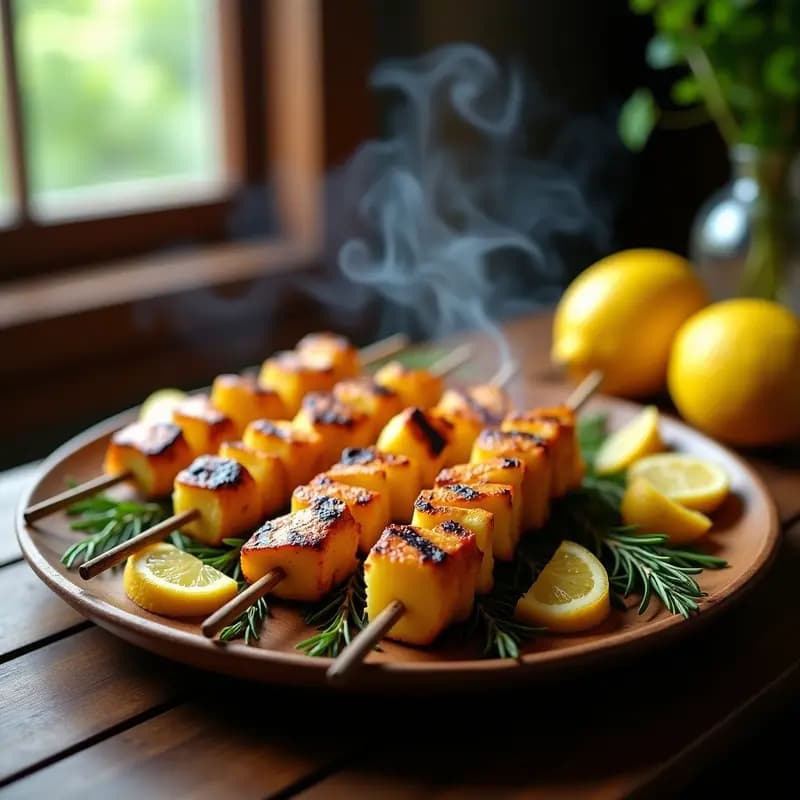 Brochetas de piña y pollo doradas en grill con hierbas provenzales, servidas en plato rústico de madera con fondo de hierbas frescas y rodajas de limón.
