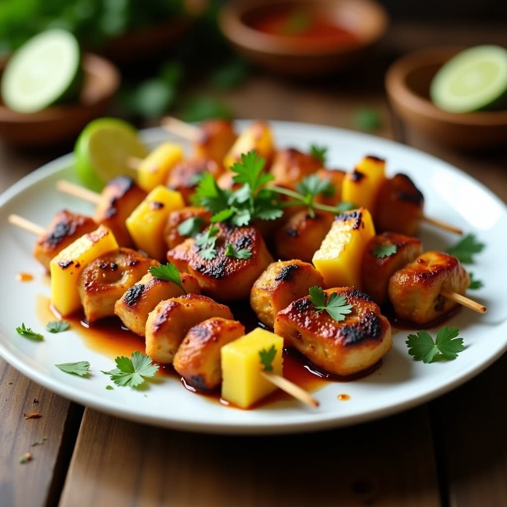 Brochetas de piña y pollo tikka en airfryer, con trozos dorados de pollo marinado en especias indias y piña caramelizada, servidas en plato blanco con cilantro fresco y rodaja de limón.