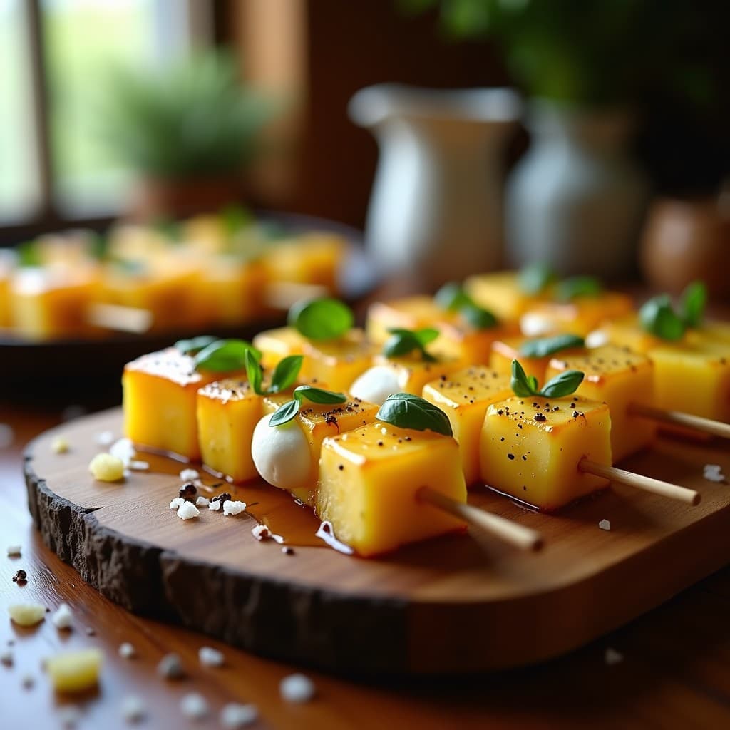 Brochetas doradas de piña y queso de búfala cremoso en palillos de madera, bañadas en miel de trufa negra y vinagre balsámico, con hojas de albahaca fresca y sal marina en escamas sobre un plato de cerámica blanca, estilo receta italiana gourmet en airfryer.