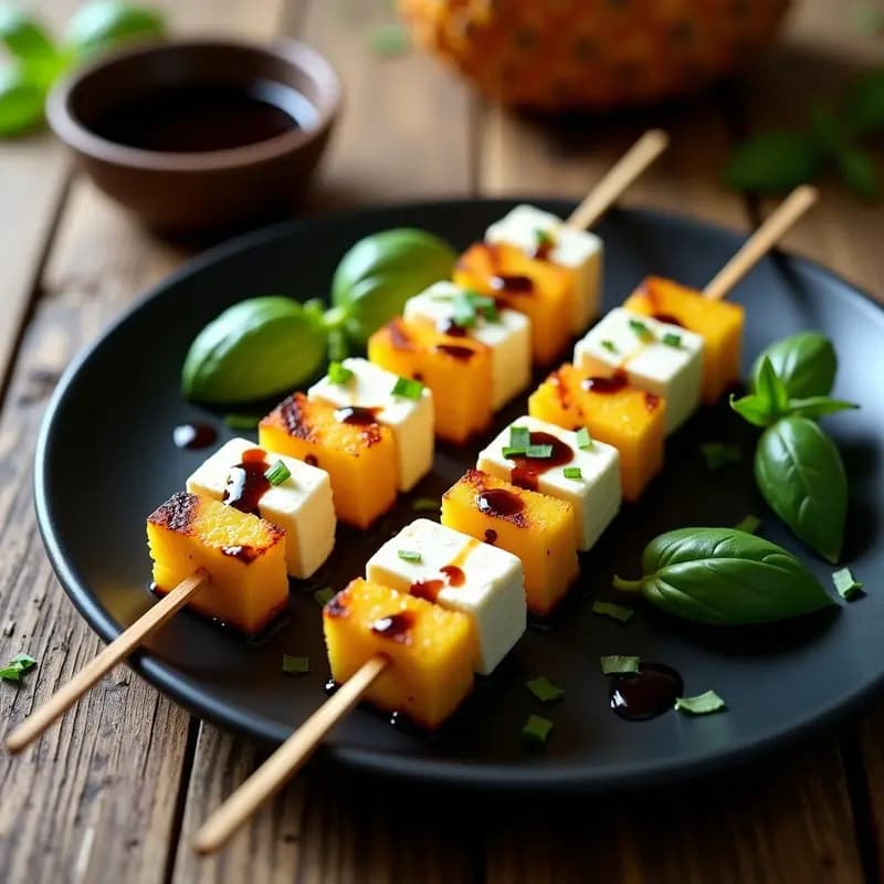 Brochetas de piña dorada y queso feta cremoso en palillos de madera, bañadas en un glaseado brillante de vinagre balsámico reducido, decoradas con hojas de albahaca fresca sobre un plato negro. Receta griega dulce-salada viral para redes sociales.