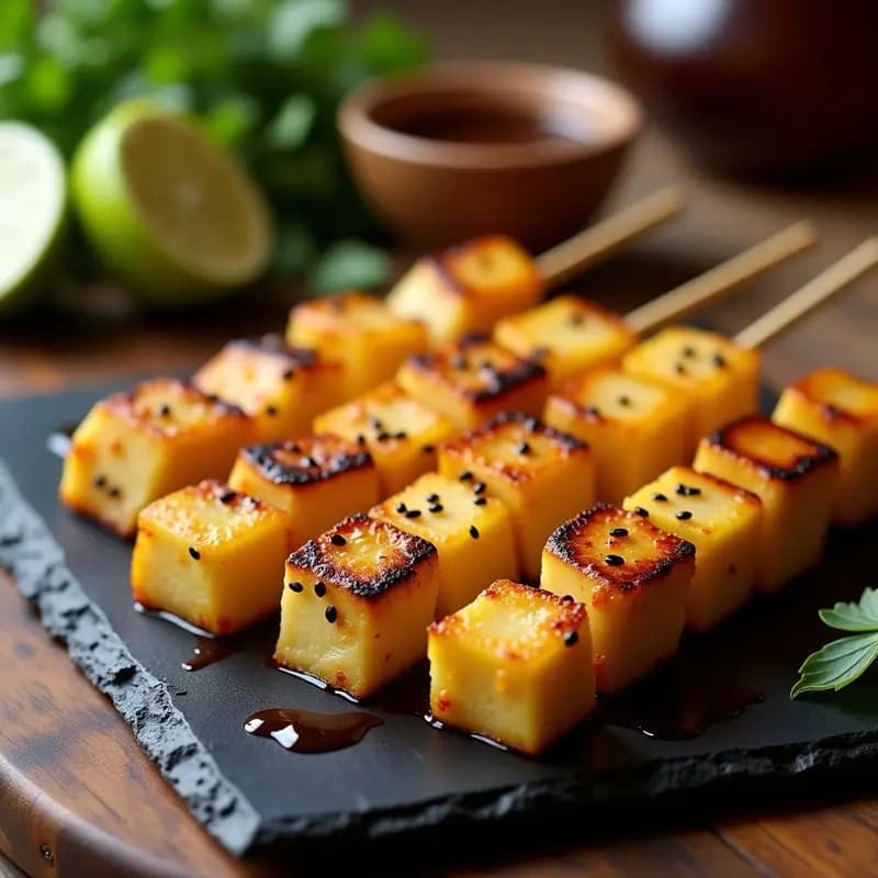 Brochetas de piña y tofu con glaseado de miel y soja, receta china-mexicana vegana al grill, servidas en plato de madera con semillas de sésamo y cilantro fresco.