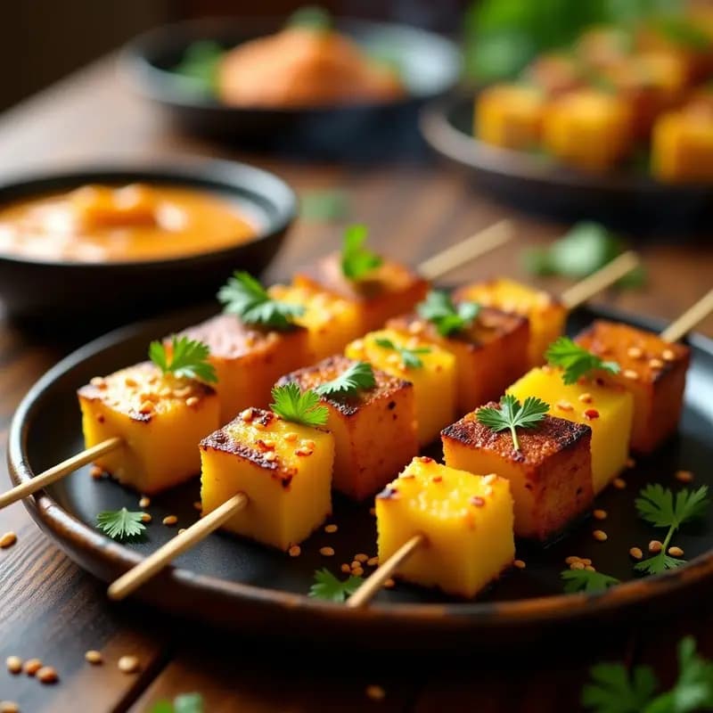 Brochetas de piña dorada y tofu caramelizado en palillos de madera, servidas sobre un plato de bambú con salsa de mango y chile de color naranja vibrante, decoradas con cilantro fresco y semillas de sésamo.