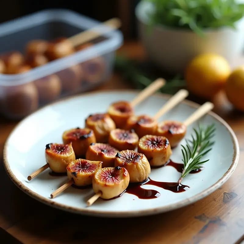 Brochetas de pollo dorado y higos frescos asados en grill, bañadas con reducción brillante de vinagre balsámico, servidas en plato blanco con romero fresco y un tupper al fondo.