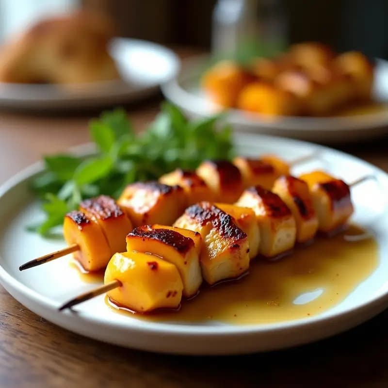 Brochetas de pollo y melocotón asadas a la parrilla, con un glaseado brillante de miel y jengibre, servidas en un plato de madera rústico con fondo de mesa de jardín.