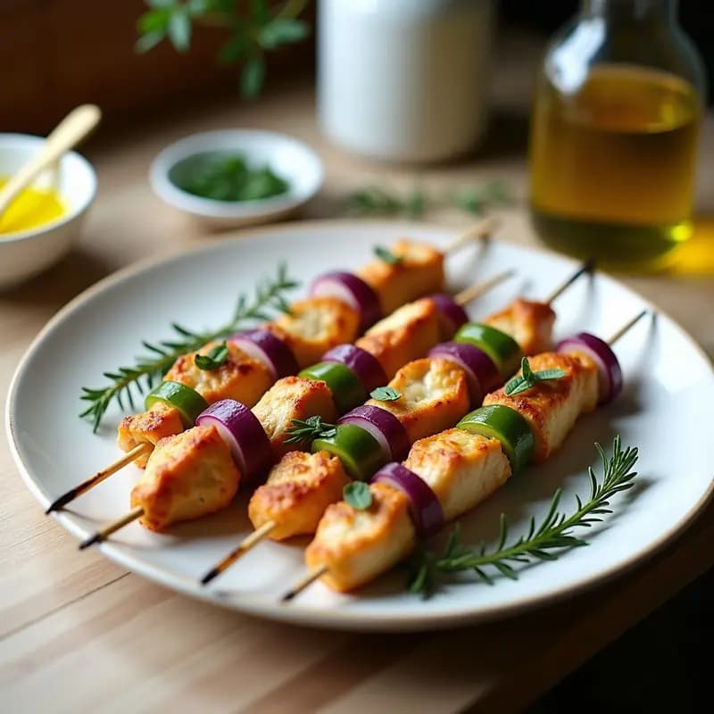 Brochetas de pollo al sachet de hierbas provenzales servidas en papel de horno abierto, con trozos de pimiento rojo y cebolla morada, cocinadas en olla express.