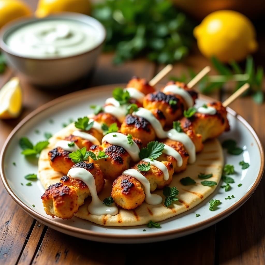 Brochetas de pollo al sataziki doradas en airfryer, servidas sobre pitas de coliflor crujientes, con salsa cremosa de yogur y hierbas frescas, receta griega alta en proteína y baja en carbohidratos.