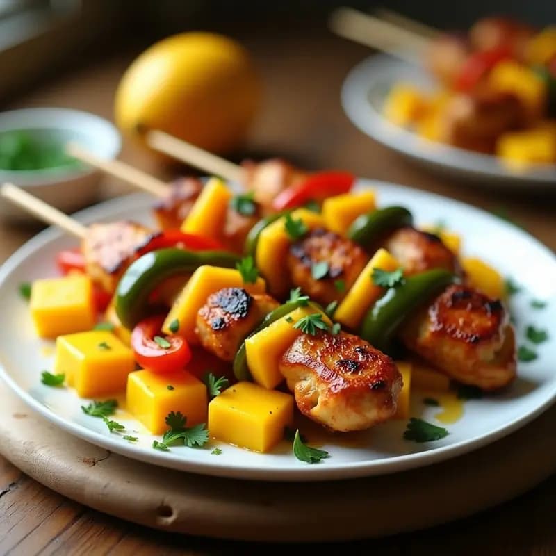 Brochetas de pollo dorado al senape con trozos de mango jugoso y pimiento verde asado, servidas en plato blanco sobre fondo rústico. Receta francés en airfryer.