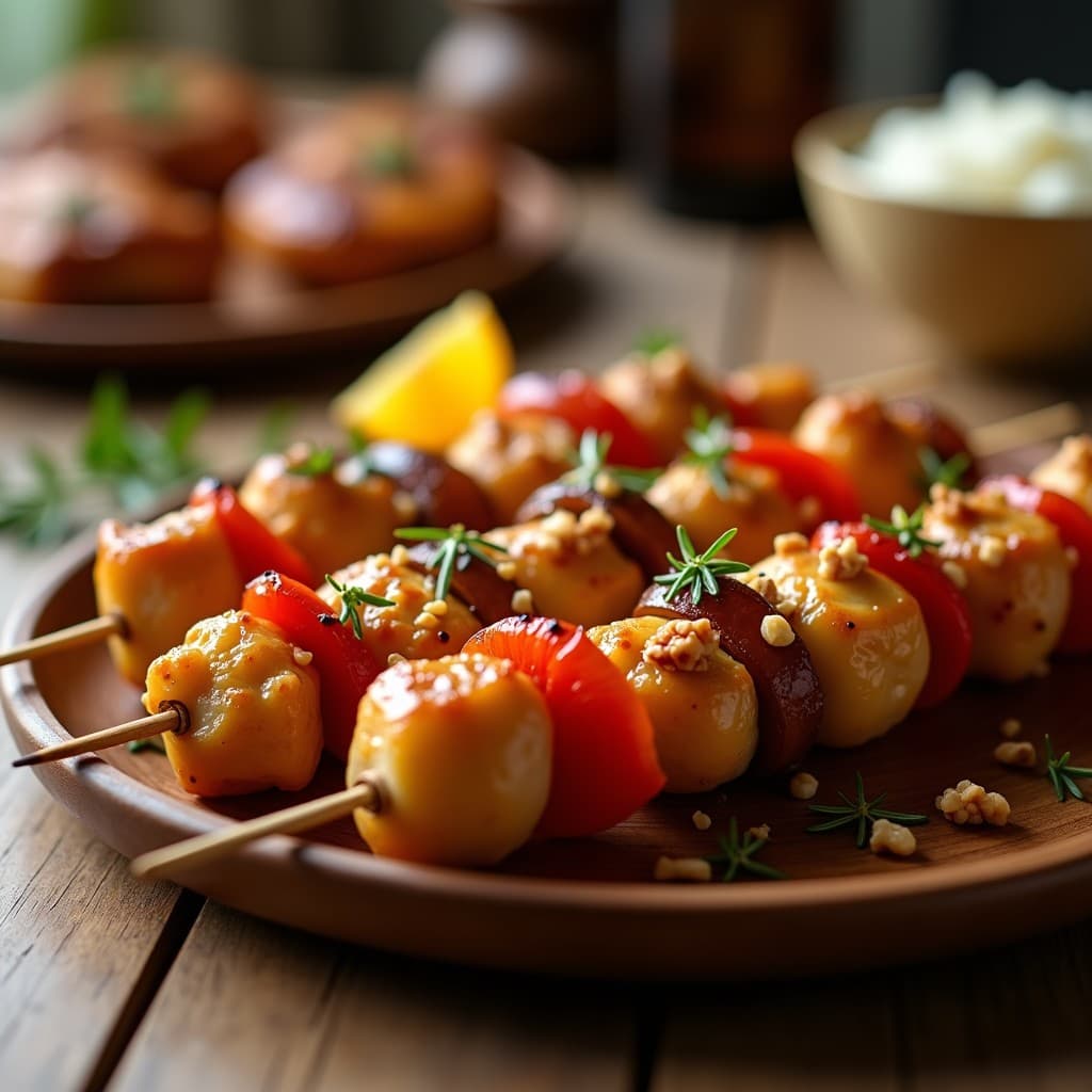 Brochetas de pollo dorado con trozos de manzana y cebolla morada caramelizada, servidas sobre una tabla de madera rústica con una ramita de romero fresco y un hilo de miel brillante. Receta asturiana de brochetas de pollo con marinada de sidra y romero en airfryer con toque dulce.