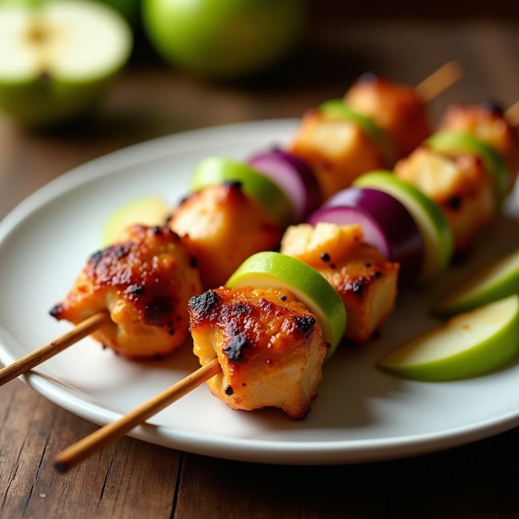 Brochetas de pollo dorado y crujiente glaseadas con speculoos y miel, alternadas con trozos de cebolla morada y manzana verde, servidas en un plato de cerámica blanca con fondo de madera rústica. Receta belga en airfryer.