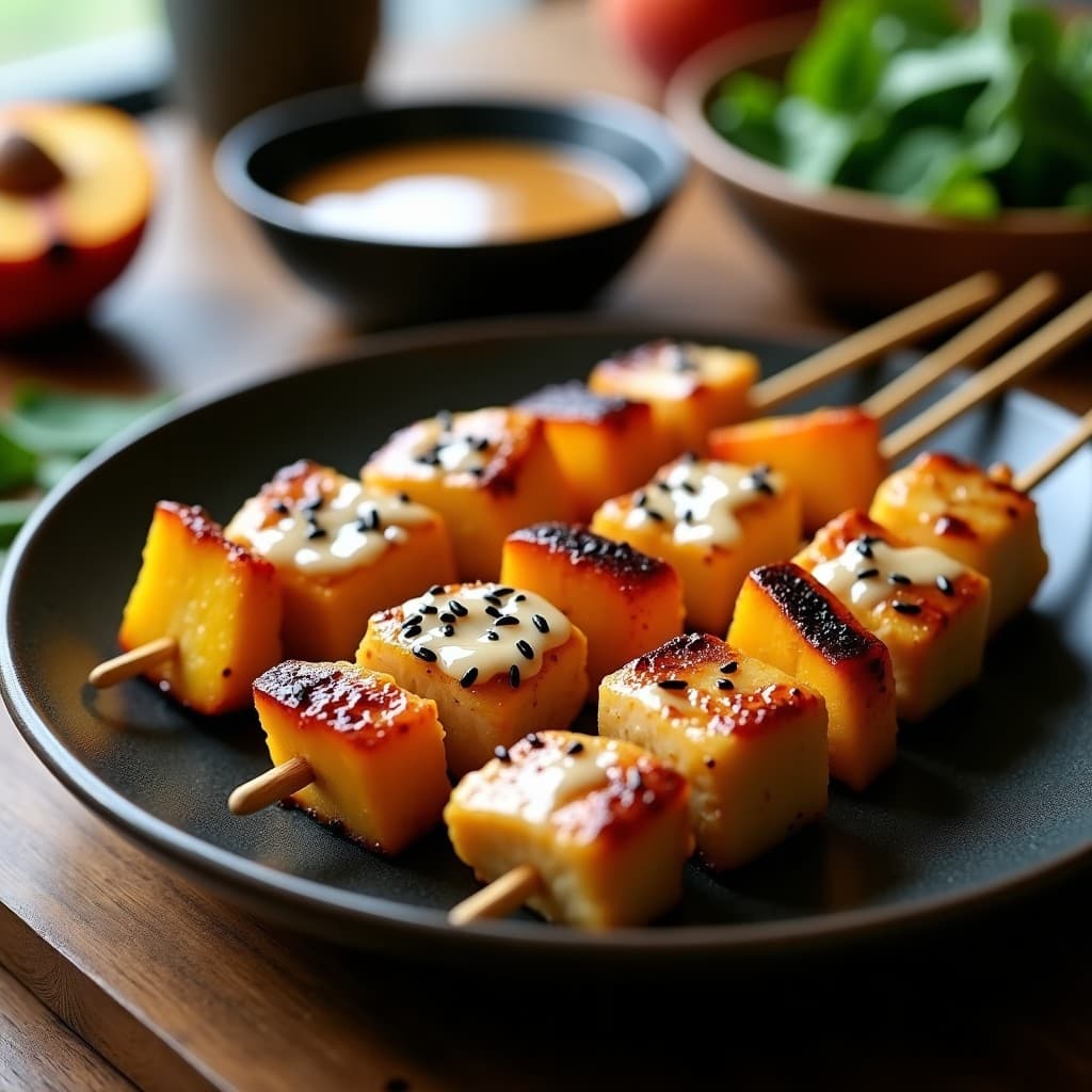 Brochetas doradas de pollo teriyaki y durazno con glaseado de miso brillante, decoradas con semillas de sésamo negro sobre un plato de cerámica oscura, acompañadas de una salsa espesa. Receta japonesa keto lista en 15 minutos.