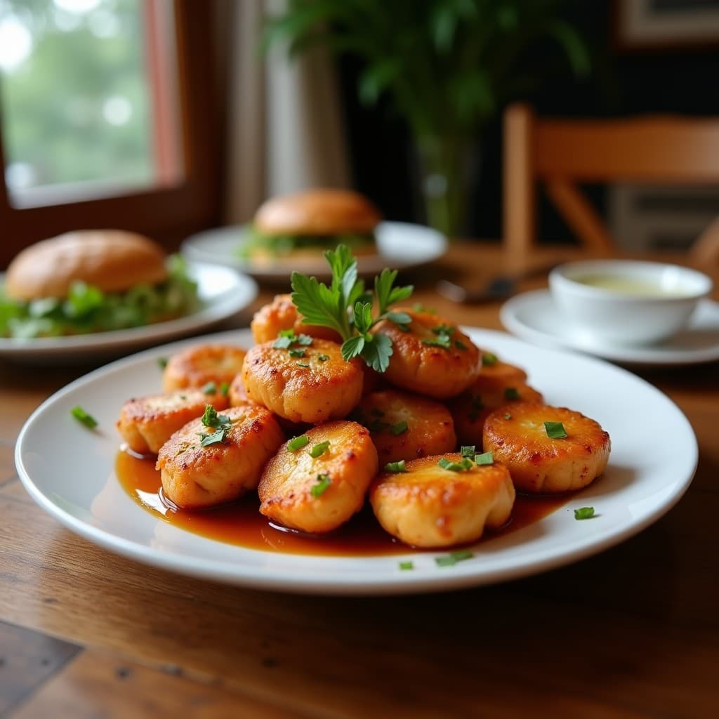 Brochetas de pollo teriyaki y melocotón en airfryer, doradas y crujientes, con glaseado brillante, semillas de sésamo tostadas y cebolla morada caramelizada sobre fondo de madera rústica.