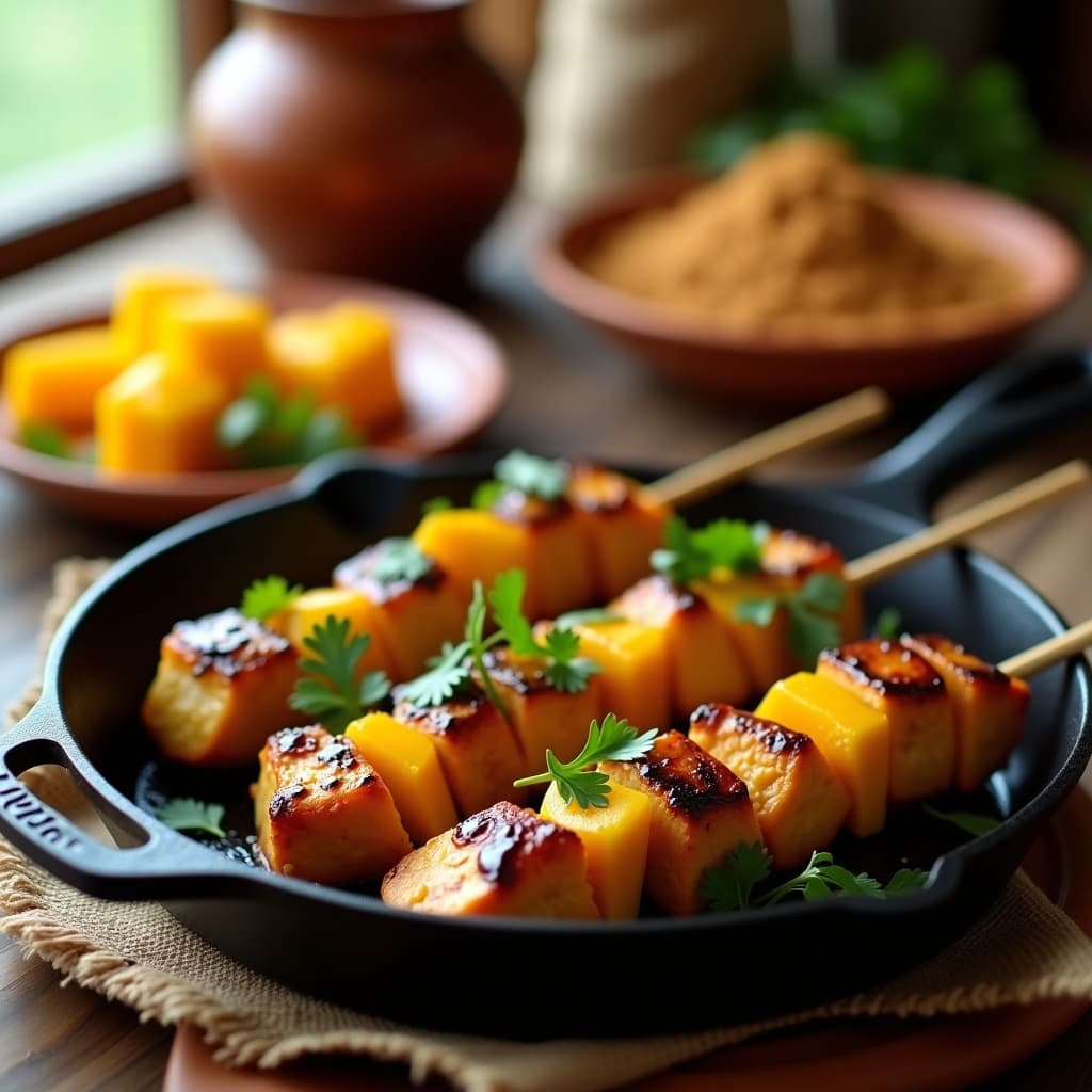 Brochetas de pollo tikka dorado en trozos, con cubos de mango caramelizado y cilantro fresco espolvoreado, servidas en un plato de barro con fondo borroso de especias indias y sartén humeante.