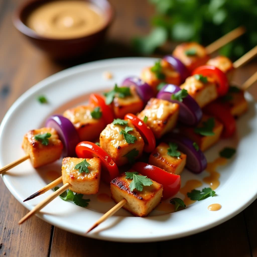 Brochetas de pollo tikka doradas y jugosas ensartadas con cebolla morada y pimiento rojo, servidas sobre un plato blanco con salsa satay de cacahuete cremosa y decoradas con cilantro fresco. Receta india en airfryer alta en proteína.