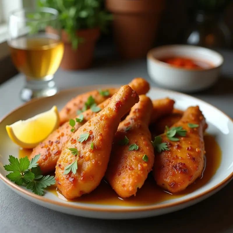 Brochetas doradas de pollo marinado en vinagre de sidra y miel con trozos de col rizada, cebolla morada y pimiento rojo, servidas en un plato blanco con fondo rústico de madera, receta en airfryer.
