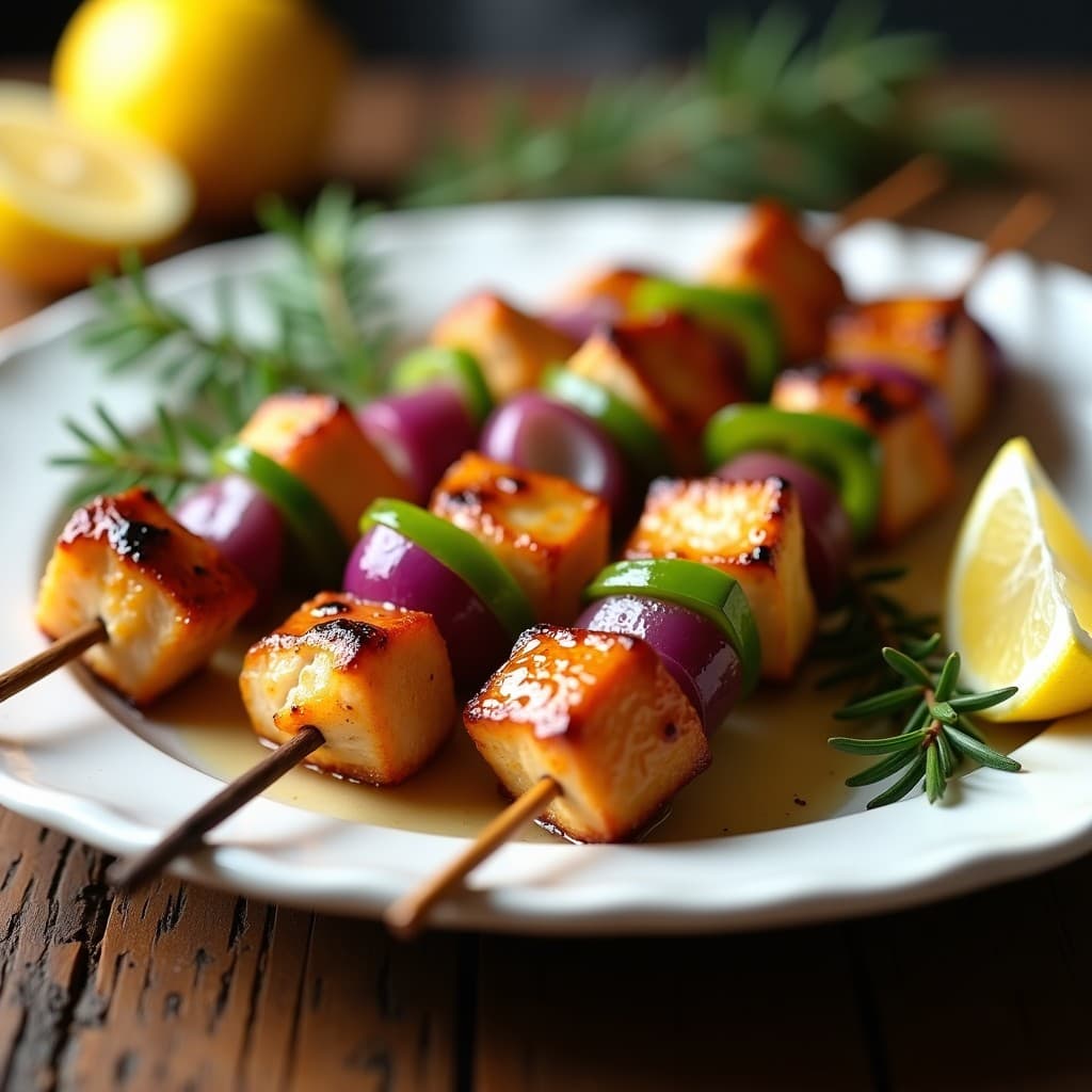 Brochetas de pollo dorado marinado en vino blanco y romero, servidas en un plato de cerámica blanca con hierbas frescas y rodajas de limón, receta francesa en airfryer.