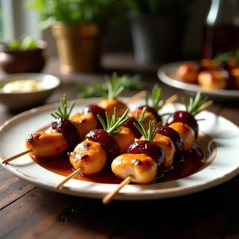 Brochetas doradas de pollo y ciruelas pasas en airfryer, con un glaseado brillante de vino tinto y romero, servidas en un plato blanco rústico con fondo de madera.
