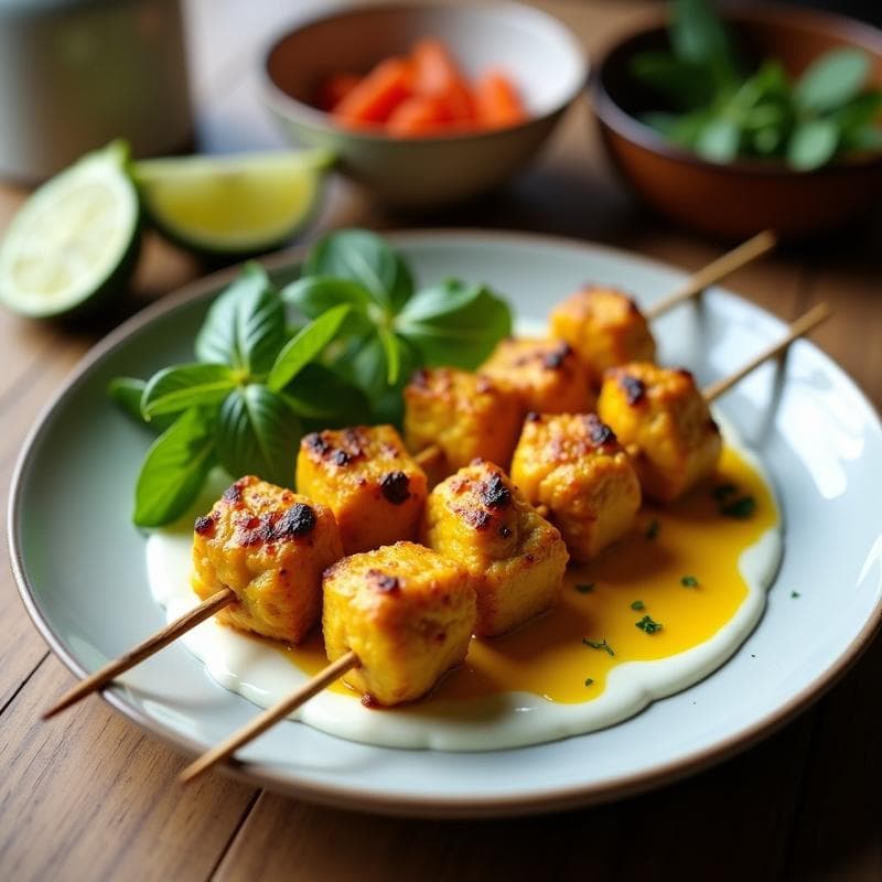 Brochetas de pollo dorado macerado en yogur de coco y cúrcuma, con trozos de cebolla morada y pimiento rojo, servidas en un plato blanco sobre fondo rústico de madera, receta en airfryer con toque indio.