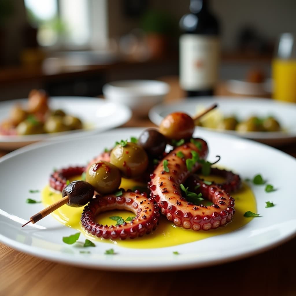 Brochetas de pulpo tierno y aceitunas Taggiasche doradas en airfryer, dispuestas en un plato blanco con vinagreta de limón y hojas de albahaca. Receta italiana gourmet.