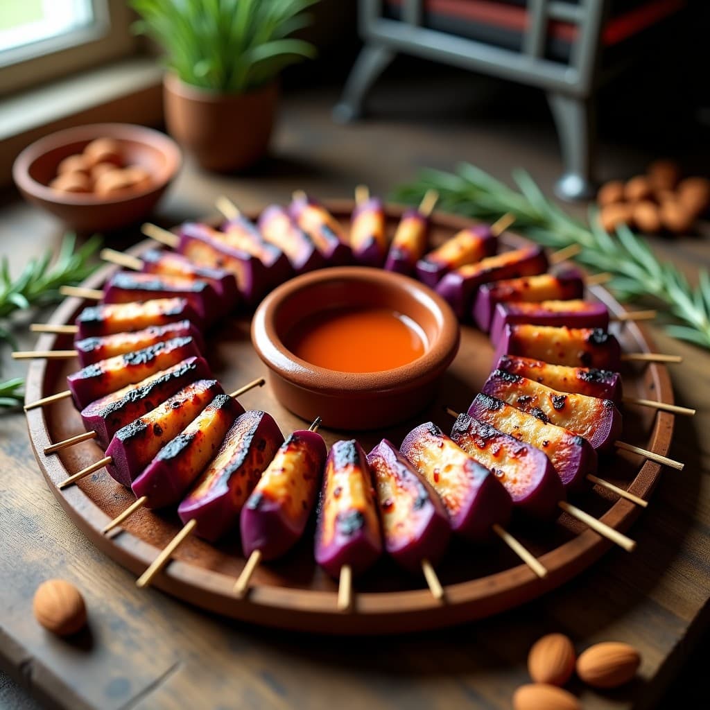 Brochetas de pulpo tierno y batata morada asada en grill, servidas sobre plato de barro con salsa romesco de almendras cremosa y perejil fresco. Receta española alta en proteína.