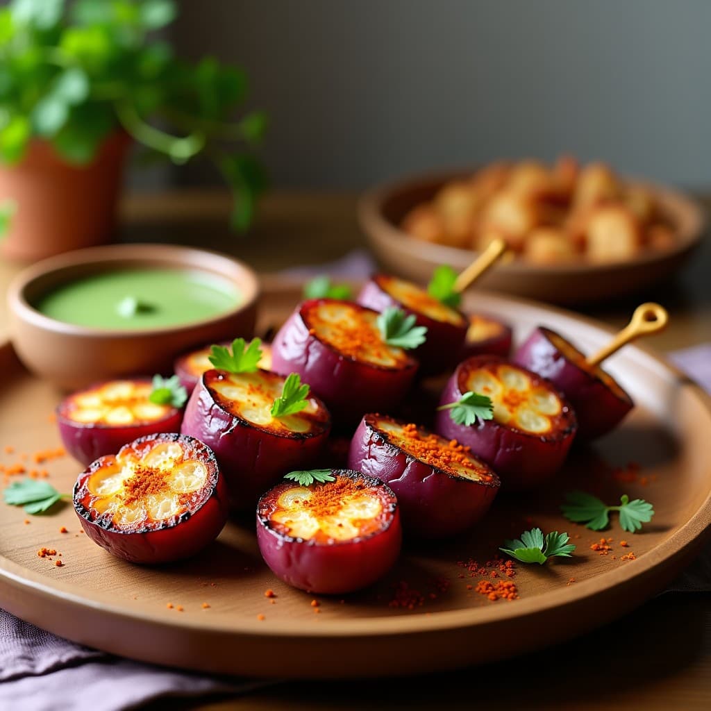 Brochetas doradas de pulpo y patata morada servidas en un plato de madera con mojo de cilantro verde fresco al lado, receta canaria en airfryer.
